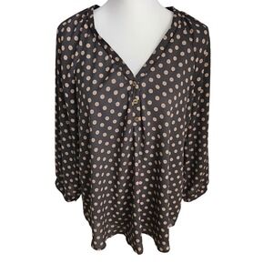 Lush Anthropologie Womens Black w Tan Blouse Top ‎ Floral Print Long Sleeve Lg